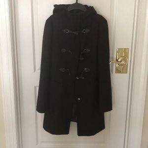 Benetton dark brown wool toggle coat with hood